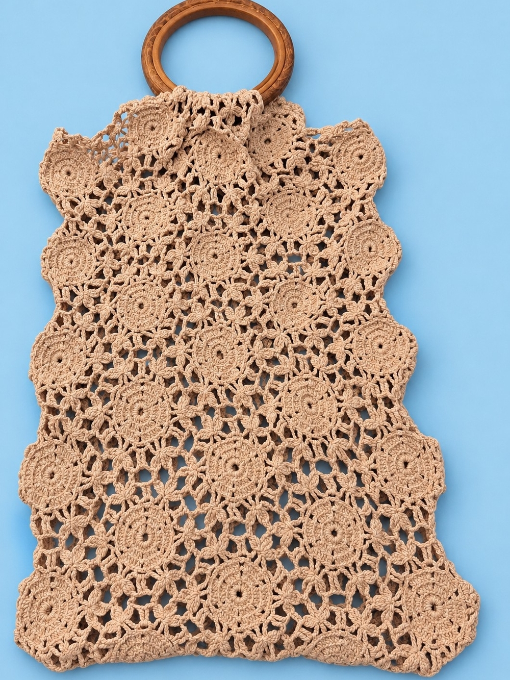 Handmade Crochet Tote Bag Beige Boho Floral Ring Handle Purse Cottagecore